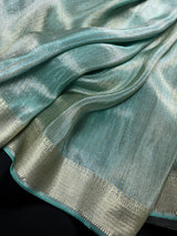 Statement Handmade Deep Turquoise Color Saree with thin Striped Banarasi Satin Tissue Silk Saree