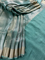 Statement Handmade Deep Turquoise Color Saree with thin Striped Banarasi Satin Tissue Silk Saree