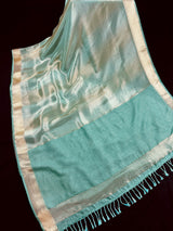 Statement Handmade Deep Turquoise Color Saree with thin Striped Banarasi Satin Tissue Silk Saree