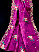 Purple Pink Color Soft Organza Dupatta with Embroidery, Sequin and Zari with Floral Digital Prints