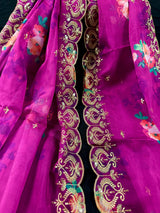 Purple Pink Color Soft Organza Dupatta with Embroidery, Sequin and Zari with Floral Digital Prints