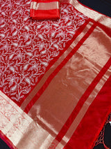 Red Color Banarasi Kora Organza Silk Saree with White Color Emberiodery | Party Wear Sarees | Statement Sarees | Paisley Pattern Sarees
