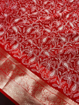 Red Color Banarasi Kora Organza Silk Saree with White Color Emberiodery | Party Wear Sarees | Statement Sarees | Paisley Pattern Sarees