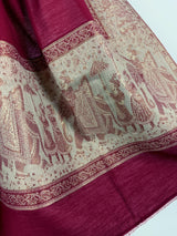 Wool Shawl in Burgundy Color with Gold and Copper Resham Aari Thread Work Shawl with Historial Figures and Elephants | Gift For Her