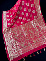 Statement Hot Pink Color Handloom Banarasi Semi Mashru Silk Saree | Light weight and Soft Saree | Chakra Butta Saree