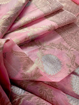 Baby Pink Color Linen Silk Saree with Banarasi Borders and Pallu and Floral Jaal Weave | Pink Linen Saree | Ships from California