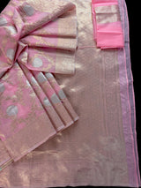 Baby Pink Color Linen Silk Saree with Banarasi Borders and Pallu and Floral Jaal Weave | Pink Linen Saree | Ships from California