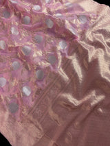 Baby Pink Color Linen Silk Saree with Banarasi Borders and Pallu and Floral Jaal Weave | Pink Linen Saree | Ships from California