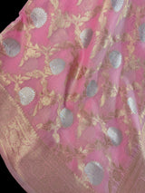 Baby Pink Color Linen Silk Saree with Banarasi Borders and Pallu and Floral Jaal Weave | Pink Linen Saree | Ships from California