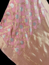 Baby Pink Color Linen Silk Saree with Banarasi Borders and Pallu and Floral Jaal Weave | Pink Linen Saree | Ships from California