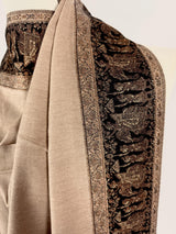Beige and Black Wool Shawl | Black and Copper Gold Resham Aari Thread Work Shawl with Historial Figures and Elephants | Gift For Her