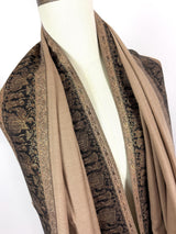 Beige and Black Wool Shawl | Black and Copper Gold Resham Aari Thread Work Shawl with Historial Figures and Elephants | Gift For Her