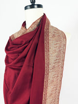 Wool Shawl in Burgundy Color with Gold and Copper Resham Aari Thread Work Shawl with Historial Figures and Elephants | Gift For Her