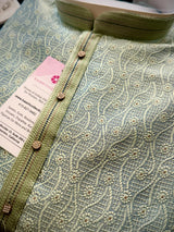 Designer Pastel Sea Green Men's Kurta with bottom with Embossed Embroidery Work | Kurta Sets for Wedding and Parties