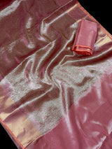 Statement Handmade Pink Color Dual shade Banarasi Brocade Pattu Tissue Silk Saree with Sliver Zari Weave | Brocade Tissue Silk Saree