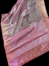 Statement Handmade Pink Color Dual shade Banarasi Brocade Pattu Tissue Silk Saree with Sliver Zari Weave | Brocade Tissue Silk Saree