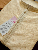 Cream Color Men Kurta Pajama with Embossed Embroidery and Zari | Sherwani Style Kurta | Wedding Kurtas | Kurta Store USA