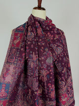Eggplant Purple Color Kashmiri Wool Shawl in Kani Weave with Images of Clasical Dance forms of India  |  Purple Color Wool Shawl for Gift