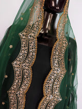 Bottle Green Color Net Dupatta with Gold Zari, Sequin and Bead | Sequin Dupatta | Indian Dupatta for Lehanga | Weddding, Party Wear Dupatta