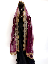 Wine Color Net Dupatta with Gold Zari, Sequin and Bead | Sequin Dupatta | Indian Dupatta for Lehanga | Weddding, Party Wear Dupatta