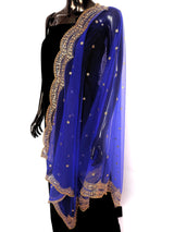 Royal Blue Color Net Dupatta with Gold Zari, Sequin and Bead | Sequin Dupatta | Indian Dupatta for Lehanga | Weddding, Party Wear Dupatta
