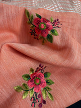 Pastel Peach Linen Silk Saree with Floral Embroidery with Zari Work | Linen Saree | Embroidery Saree | Kaash Collection
