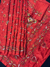 Tomato Red Color Bangalori Silk Saree with Hand Kantha Stitch | Handwoven Kantha Stitch Sarees | Kantha Saress | Silk Sarees | Bengal Saree