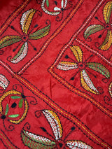 Tomato Red Color Bangalori Silk Saree with Hand Kantha Stitch | Handwoven Kantha Stitch Sarees | Kantha Saress | Silk Sarees | Bengal Saree