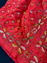 Tomato Red Color Bangalori Silk Saree with Hand Kantha Stitch | Handwoven Kantha Stitch Sarees | Kantha Saress | Silk Sarees | Bengal Saree