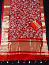 Red Color Banarasi Kora Organza Silk Saree with White Color Emberiodery | Party Wear Sarees | Statement Sarees | Paisley Pattern Sarees