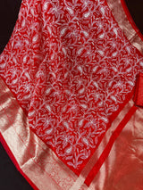 Red Color Banarasi Kora Organza Silk Saree with White Color Emberiodery | Party Wear Sarees | Statement Sarees | Paisley Pattern Sarees