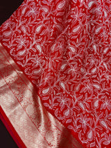Red Color Banarasi Kora Organza Silk Saree with White Color Emberiodery | Party Wear Sarees | Statement Sarees | Paisley Pattern Sarees