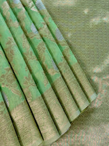 Pastel Green Color Linen Silk Saree with Banarasi Borders and Pallu and Floral Jaal Weave | Green Linen Silk Saree | Ships from California