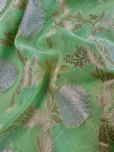 Pastel Green Color Linen Silk Saree with Banarasi Borders and Pallu and Floral Jaal Weave | Green Linen Silk Saree | Ships from California