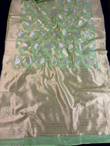 Pastel Green Color Linen Silk Saree with Banarasi Borders and Pallu and Floral Jaal Weave | Green Linen Silk Saree | Ships from California