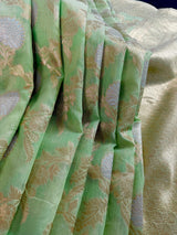 Pastel Green Color Linen Silk Saree with Banarasi Borders and Pallu and Floral Jaal Weave | Green Linen Silk Saree | Ships from California