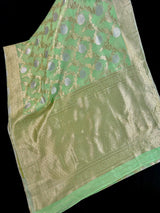 Pastel Green Color Linen Silk Saree with Banarasi Borders and Pallu and Floral Jaal Weave | Green Linen Silk Saree | Ships from California