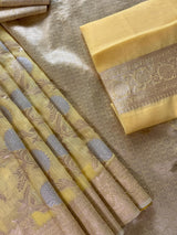 Pastel Yellow Linen Silk Saree with Banarasi Border and Pallu and Floral Jaal Weave | Pastel Blue Linen Silk Saree | Ships from California