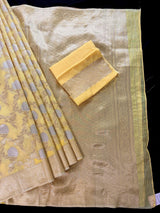 Pastel Yellow Linen Silk Saree with Banarasi Border and Pallu and Floral Jaal Weave | Pastel Blue Linen Silk Saree | Ships from California