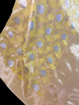 Pastel Yellow Linen Silk Saree with Banarasi Border and Pallu and Floral Jaal Weave | Pastel Blue Linen Silk Saree | Ships from California