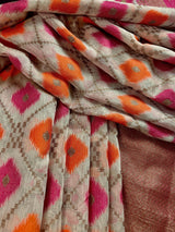 Handwoven Maheshwari Cotton Silk Saree in Ivory Color with Antique Gold Zari Weave with Banarasi Borders and Meenakari