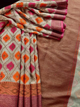 Handwoven Maheshwari Cotton Silk Saree in Ivory Color with Antique Gold Zari Weave with Banarasi Borders and Meenakari