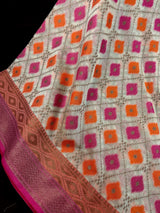 Handwoven Maheshwari Cotton Silk Saree in Ivory Color with Antique Gold Zari Weave with Banarasi Borders and Meenakari