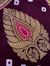 Handmade Purple Color Bandhej Saree in Dupion Silk with Meenakari Work and Muted Gold Zari | Handwoven Sarees | Bandhani Sarees