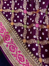 Handmade Purple Color Bandhej Saree in Dupion Silk with Meenakari Work and Muted Gold Zari | Handwoven Sarees | Bandhani Sarees