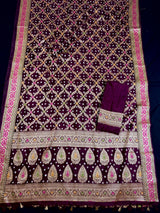 Handmade Purple Color Bandhej Saree in Dupion Silk with Meenakari Work and Muted Gold Zari | Handwoven Sarees | Bandhani Sarees