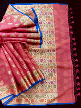 Peach Color Semi Silk Saree with Floral Buttas and Meenakari Weaving with Temple Borders | Paithani Style Saree | Gift for Her