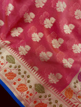 Peach Color Semi Silk Saree with Floral Buttas and Meenakari Weaving with Temple Borders | Paithani Style Saree | Gift for Her