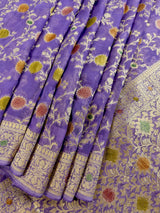 Lavender Color Pure Khaddi Georgette Banarasi Silk Saree with Muted Gold Zari and Handbrush Paint | SILK MARK CERTIFIED