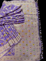 Lavender Color Pure Khaddi Georgette Banarasi Silk Saree with Muted Gold Zari and Handbrush Paint | SILK MARK CERTIFIED